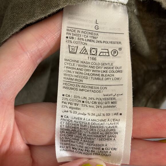 Olive Linen Blend Long Sleeve Button Shirt Relaxed Fit Top | Soft Autumn - Picture 7 of 8